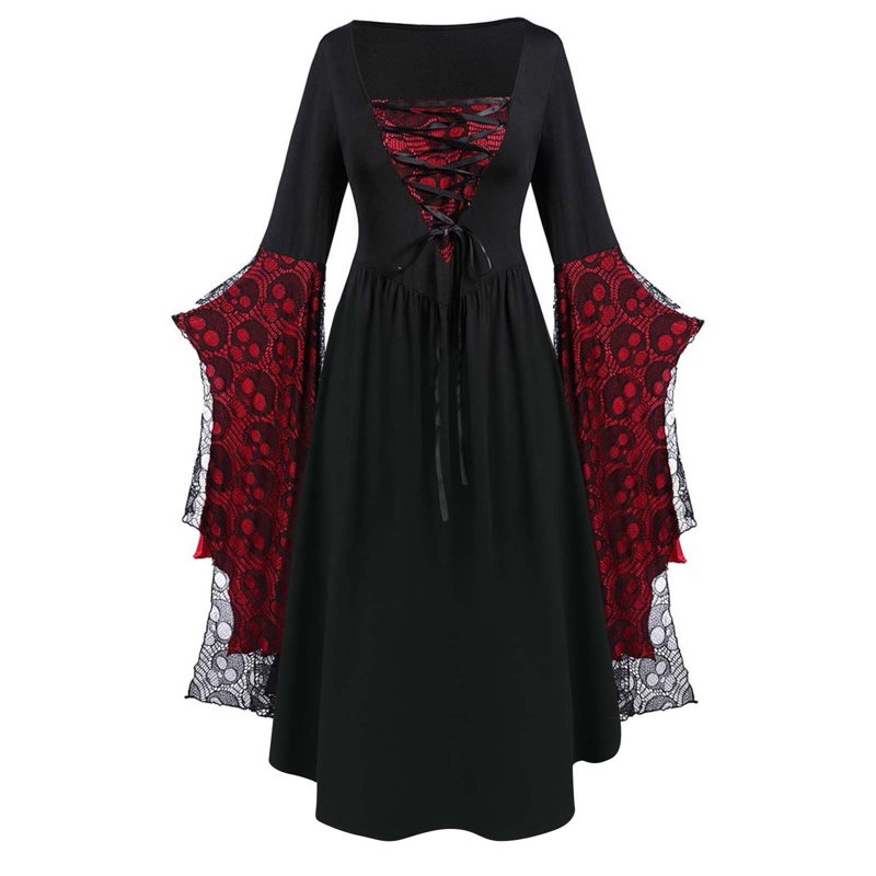 Halloween Gothic Dress for Women - Red Bandage V-Neck Vintage Long Sleeve AA-Red XXL