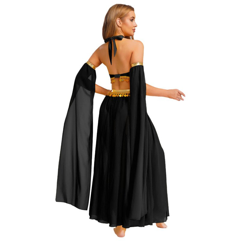 Women Belly Dance Costume Set Black L - Chiffon Skirt & Crop Top for Stage Performance