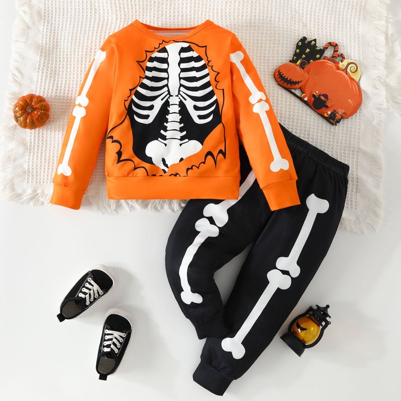 Toddler Boys Skeleton Halloween Outfit Set - Long Sleeve Tops & Pants, Size 6-7 Years, Orange Z15-15