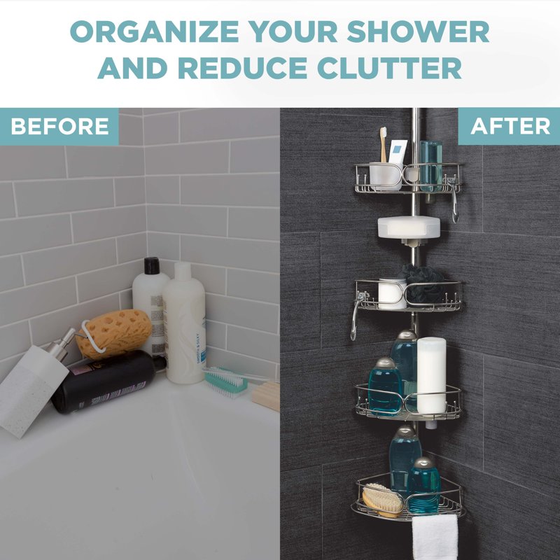 Rustproof Tension Pole Shower Caddy with 4 Adjustable Shelves - Stainless Steel, 60-108 Inches