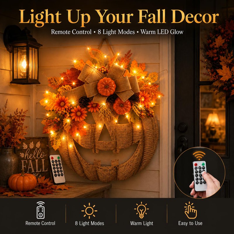 Lighted Burlap Pumpkin Wreath - 13.78-Inch Fall Door Decor with LED Fairy Lights