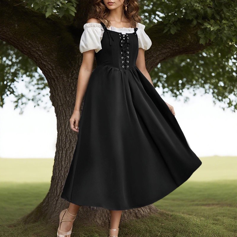 Women’s Renaissance Dress Lace Up Vintage Long Dress - Black M