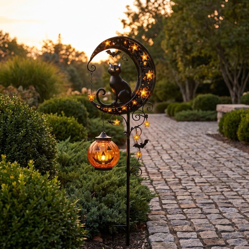 Halloween Solar Garden Stake Light with Metal Moon, Black Cat & LED Pumpkin - Variation A