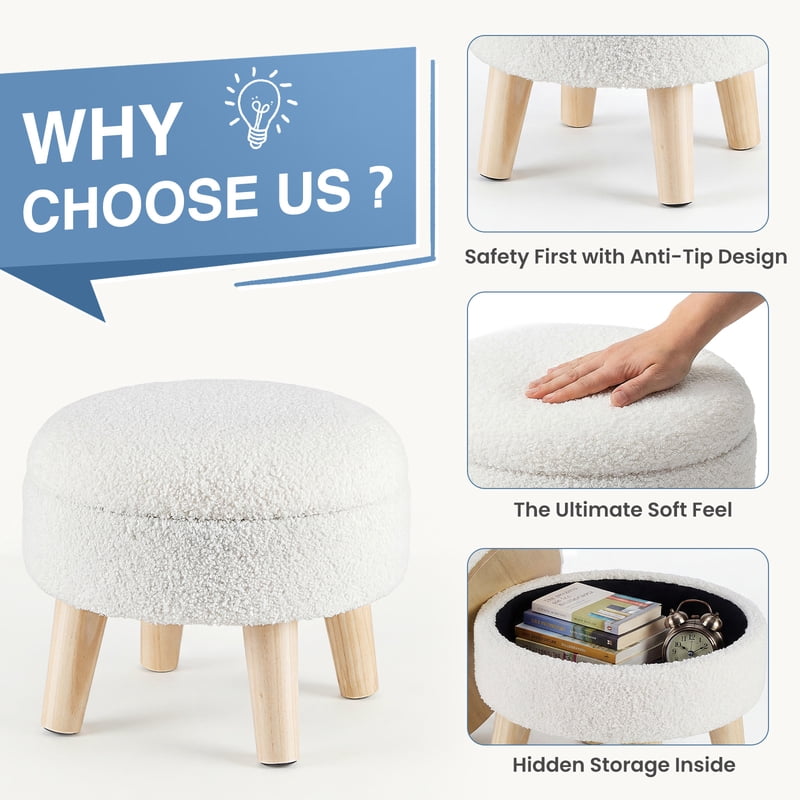 Modern Round Velvet Storage Ottoman - Soft Padded Footrest & Accent Table