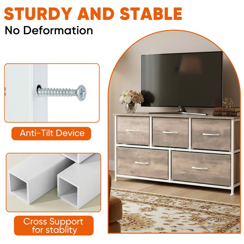 Fabric Drawer Nightstand with Wooden Top - 5 Drawer Oak