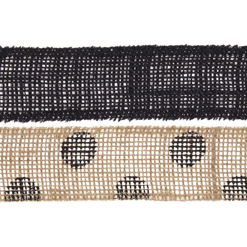 Natural Burlap Ribbon Set - 1.5W x 3Yds with Black Dots, Rustic Craft Trim