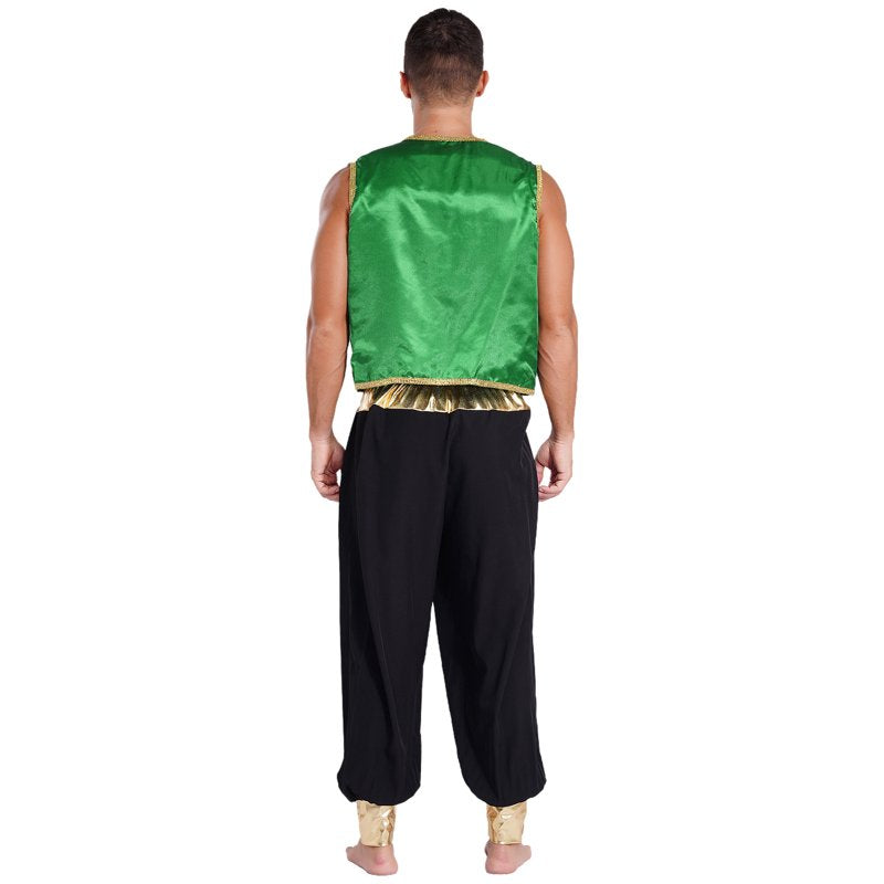 Men's Arabian Prince Costume Set - Green & Black Cosplay Vest & Harem Pants, Size M