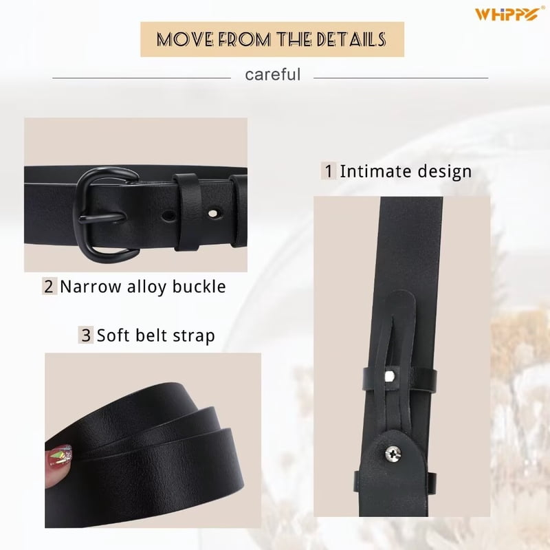 Women Leather Belt for Jeans & Pants - Black Buckle, 31-36 Inch Waist - Whippy