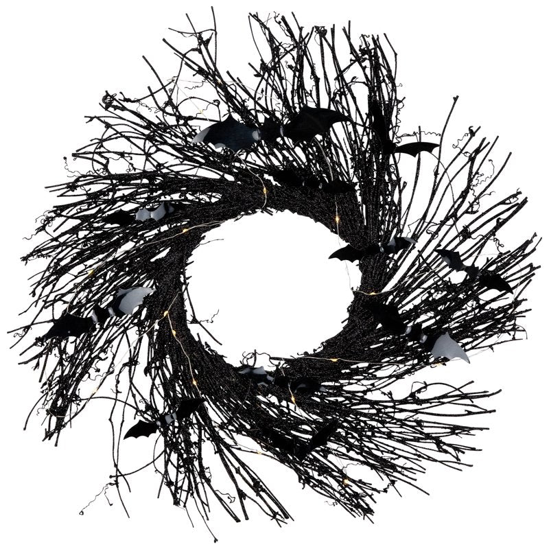 Halloween Lighted Wreath with Bats and LED Lights - 22 Inch Black Decor