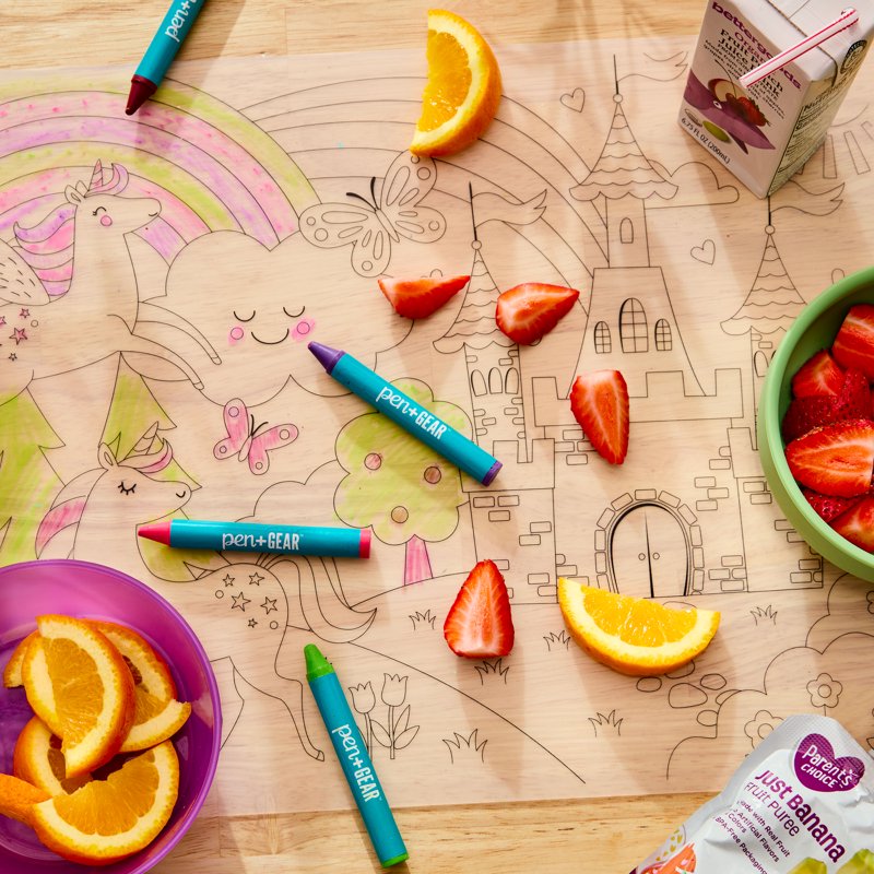 Washable Fairytale Coloring Placemat Kit with 4 Crayons - Black & White