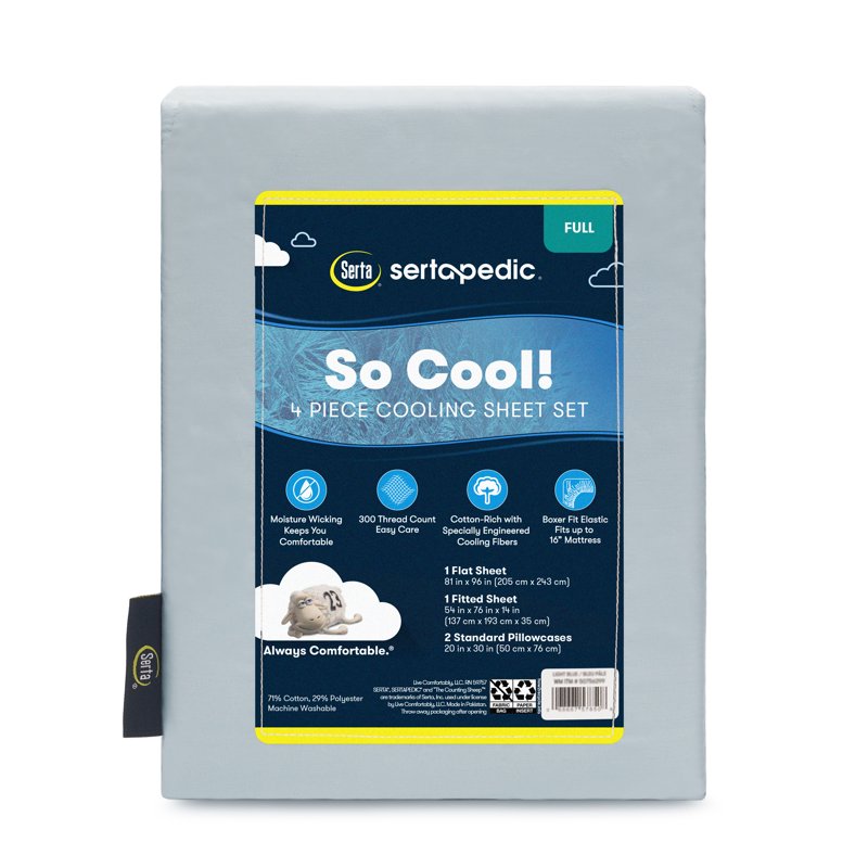 Serta So Cool Full Sheet Set - Angel Falls, Moisture-Wicking 300 Thread Count Cotton Blend, Sleep Cooler