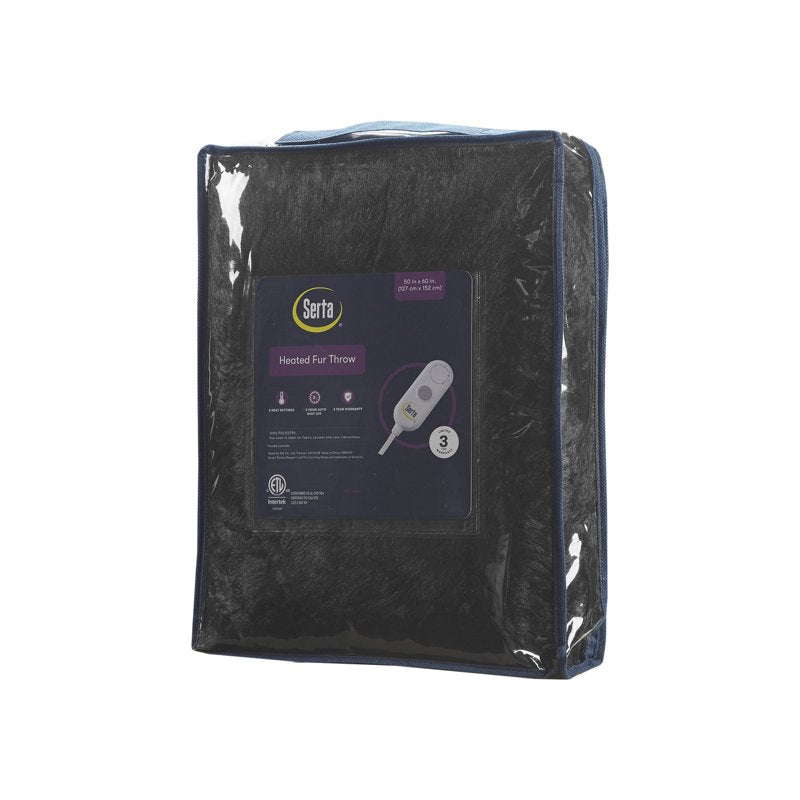Black Serta Leena Shaggy Faux Fur Heated Throw Blanket 50x60 Inch - Electric Cozy Blanket with 5 Heat Settings