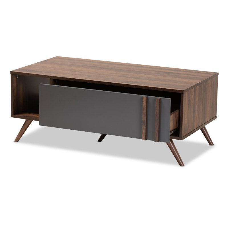 Modern Two-Tone Grey and Walnut Wood Coffee Table with Drawer