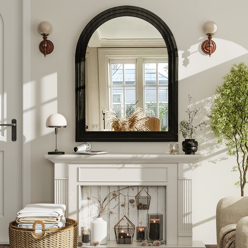30x40 Inch Arched Bathroom Mirror with Wooden Frame - Black