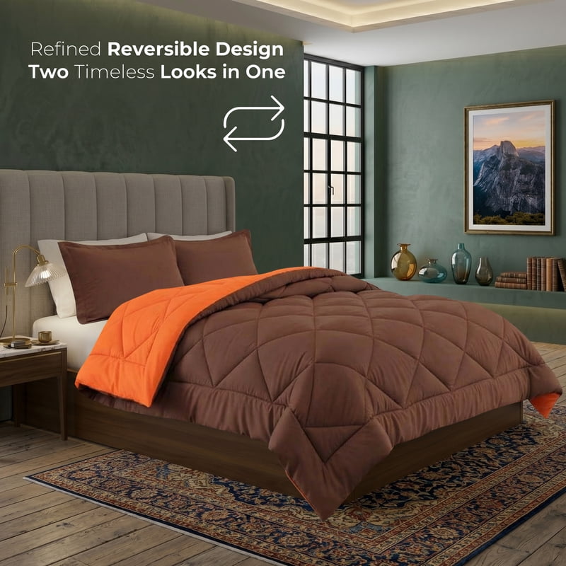 Reversible Down Alternative Comforter Set - Full/Queen, Orange & Brown Microfiber Bedding