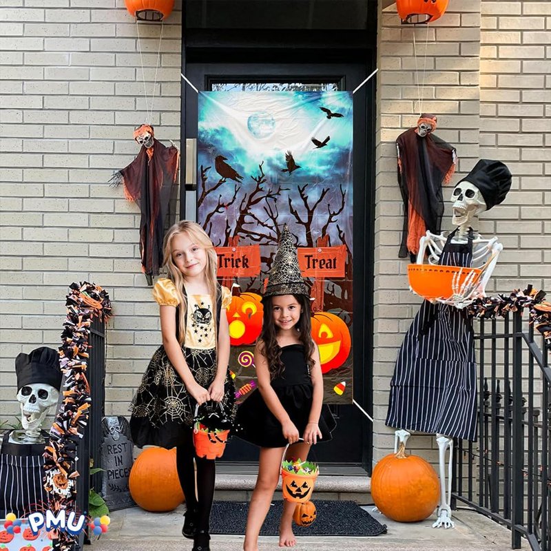 1 Pack Halloween Door Cover - Trick or Treat Candy & Spider Design - Indoor Outdoor Spooky Decor