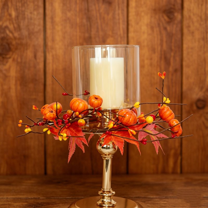 Daghihgewr Fall Pumpkin Candle Ring with Maple Leaves & Berries - Variation #11