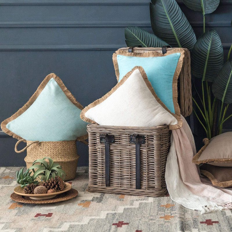 Beige Linen Tassel Farmhouse Throw Pillow 18x18 with Insert - 2 Pack - Variation of THIS listing