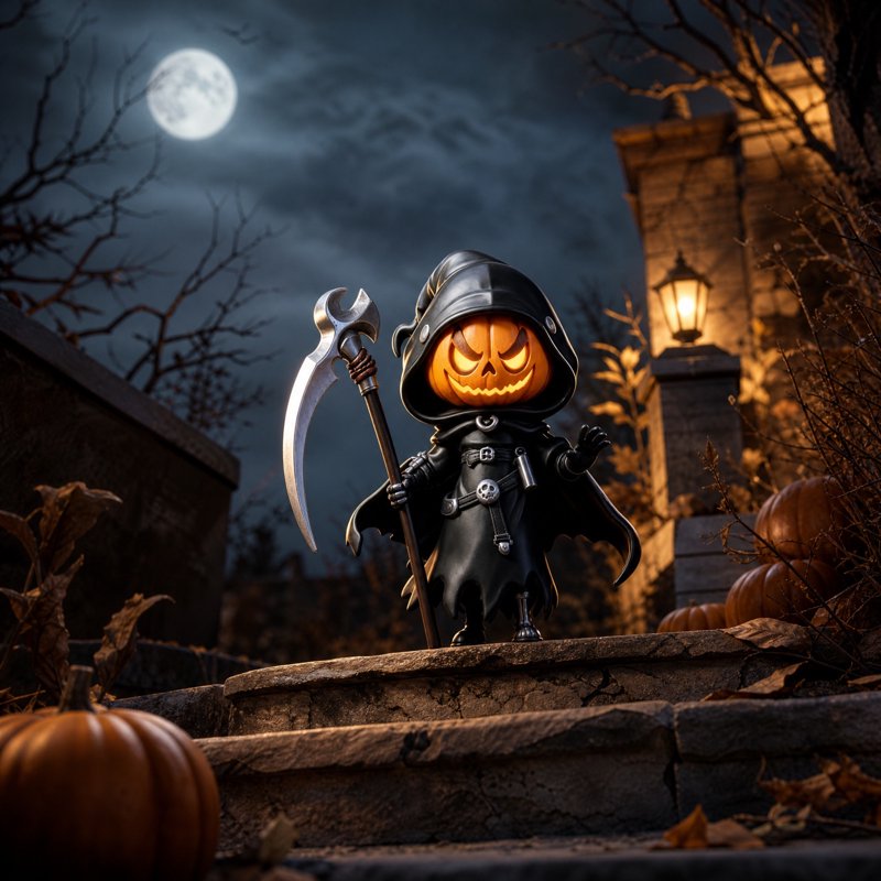 Halloween Pumpkin Grim Reaper Statue with Glowing Head - Hand-Painted Resin Ornament - Black Variation #320