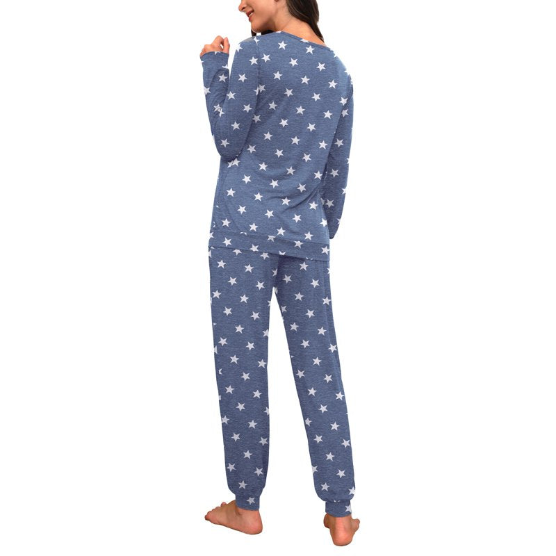 Women’s Pajama Set Long Sleeve Sleepwear Lounge Set with Pockets - Blue Star, M