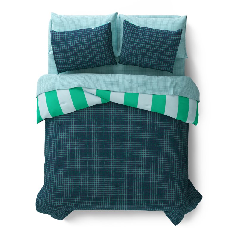 Kids Reversible Comforter Set with Sheets - Green & Blue Stripe, Full
