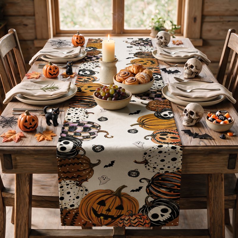 Mexican Skull Pumpkin Halloween Table Runner - Day of the Dead Decor 13x72 Inch B