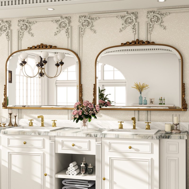 44x32 Vintage Bathroom Mirror Wall Mounted Antique Gold Baroque Style Vanity Mirror