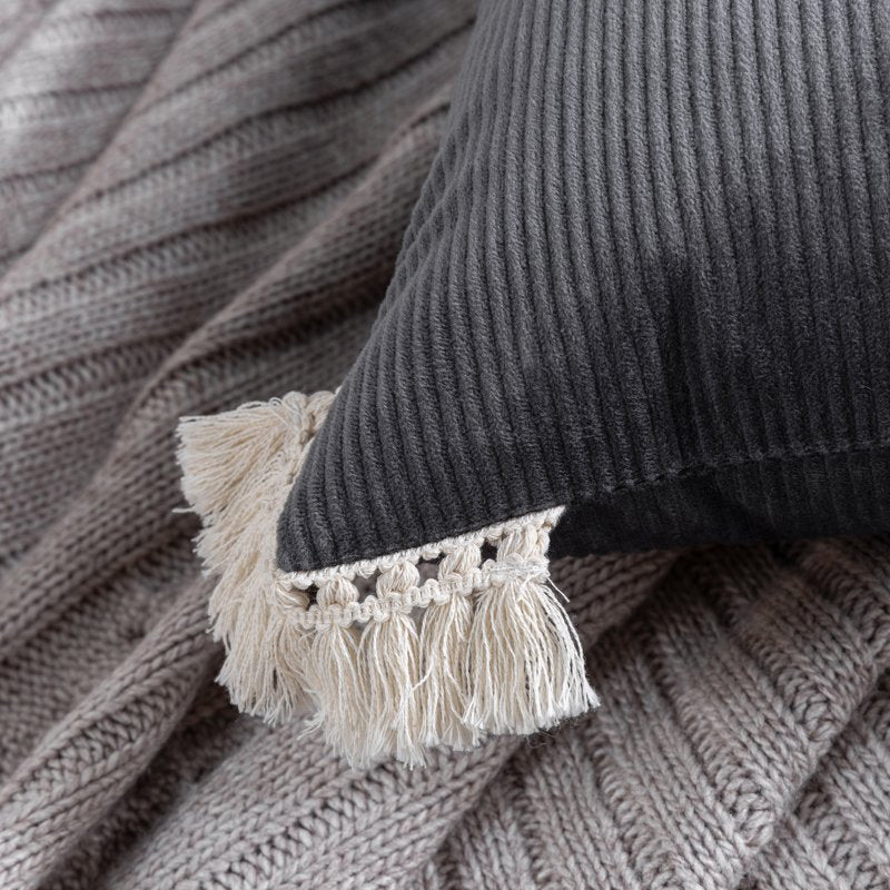18x18 Inch Dark Gray Corduroy Velvet Throw Pillow with Cotton Tassel Set of 2