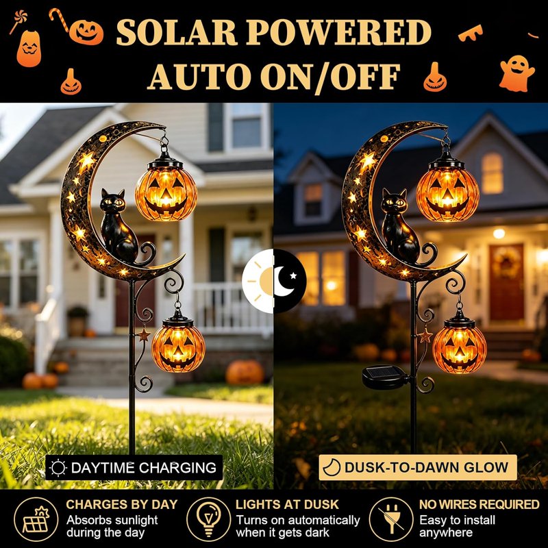 Solar Black Cat & Pumpkin Moon Garden Stake Light - Waterproof Halloween Yard Decor - Variation C