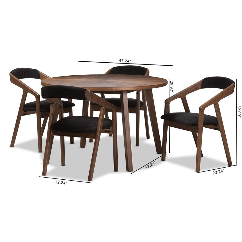 Mid-Century Modern 5-Piece Round Dining Set - Black & Walnut