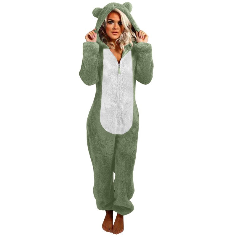Women's Fleece Pajama Jumpsuit with Ear Hood - Army Green XXL