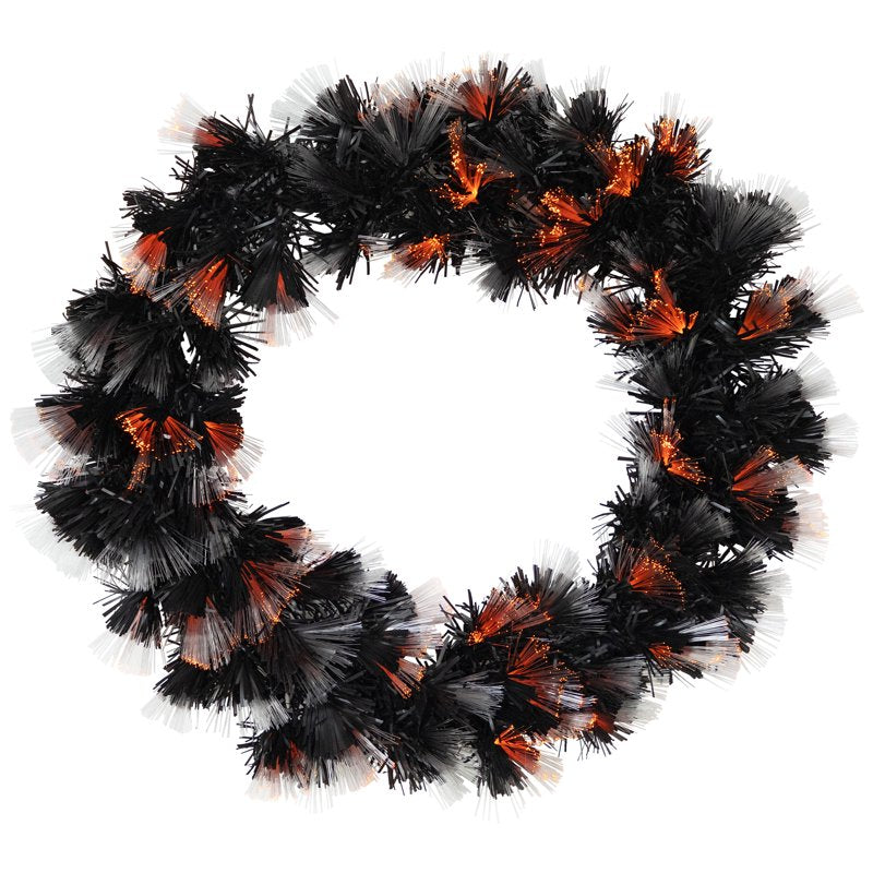 24-Inch Black Halloween Wreath with Orange and Purple LED Fiber Optic Lights