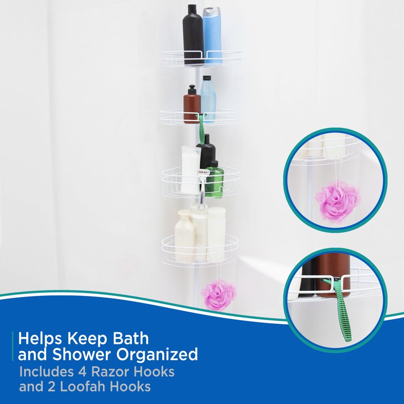 Kenney 4-Tier Spring Tension Shower Corner Caddy with Razor Holder - White