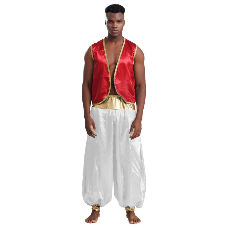 Arabian Prince Costume Set with Open Front Vest and Pants - Burgundy & White XXL