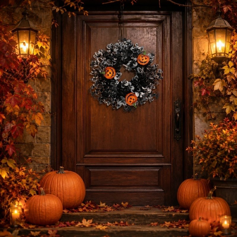 Halloween & Thanksgiving Wreath with Maple Leaves, Pumpkins & Berries - N-9