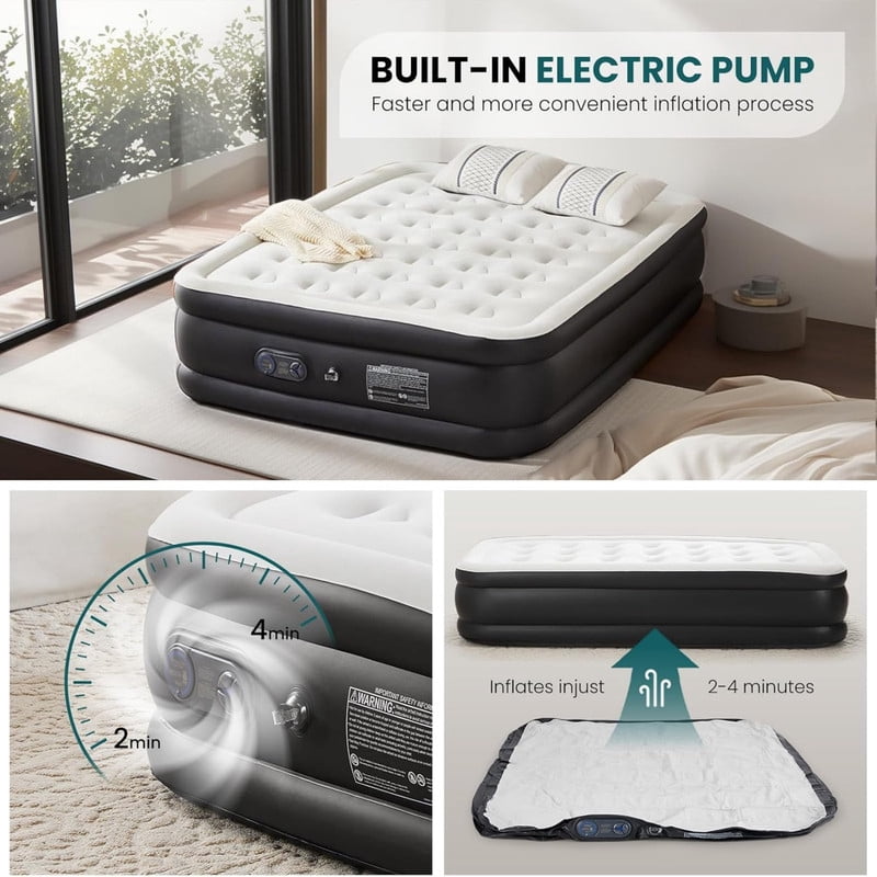 Queen Air Mattress with Built-In Pump - 16 Inch Camping & Home Bed, Black