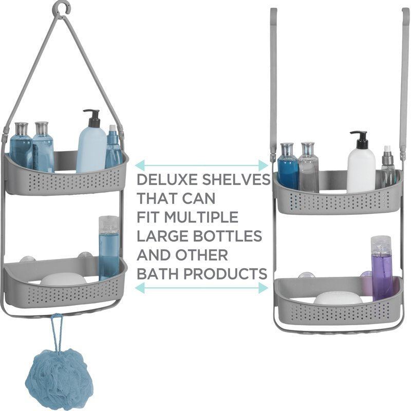 Grey 2-Way Convertible Plastic Shower Caddy with Hooks & Wide Shelves