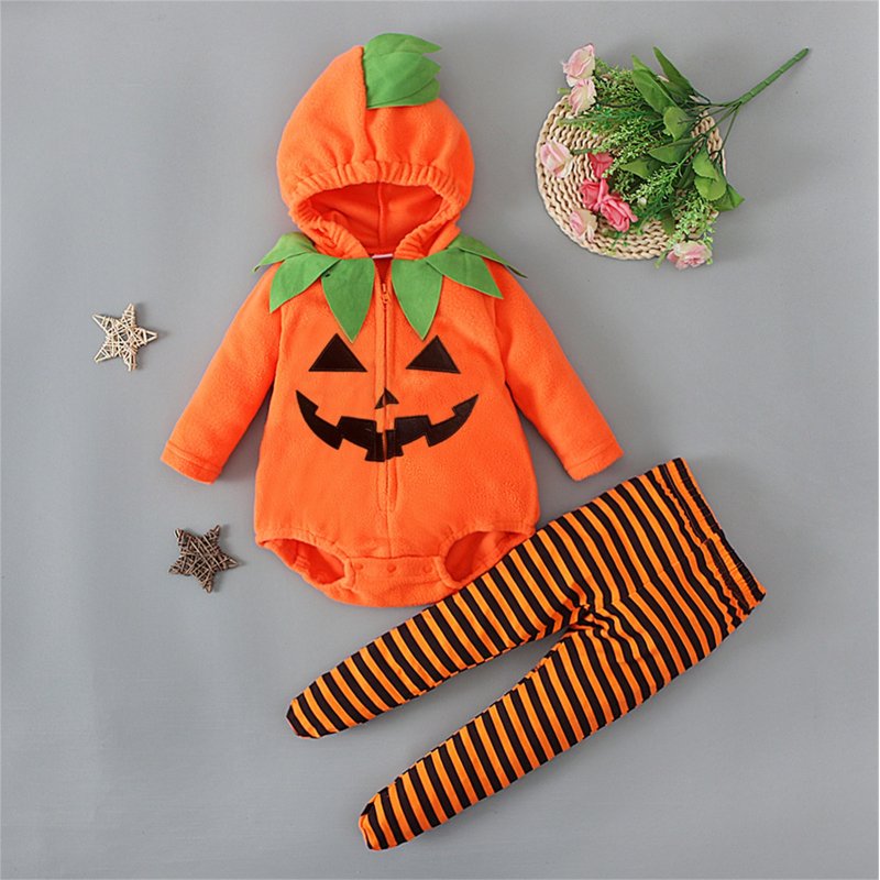 Baby Girl Halloween Outfit Set Z13-Orange3 12-18 Months Hooded Romper & Striped Pants