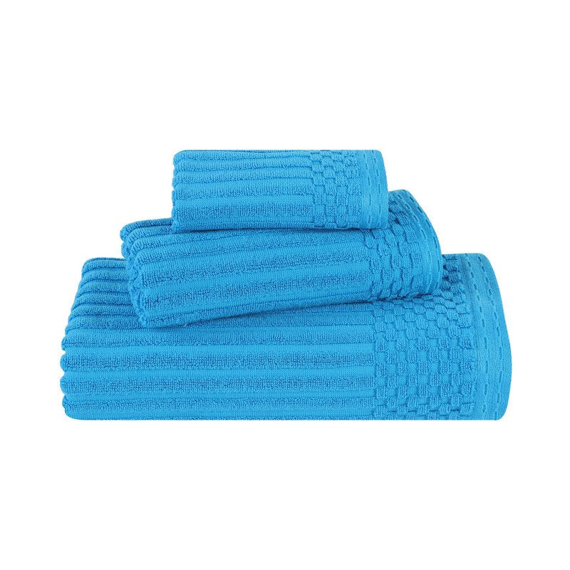 Assorted Cotton Towel Set - 3-Piece Ribbed Bath, Hand & Face Towels - Azure