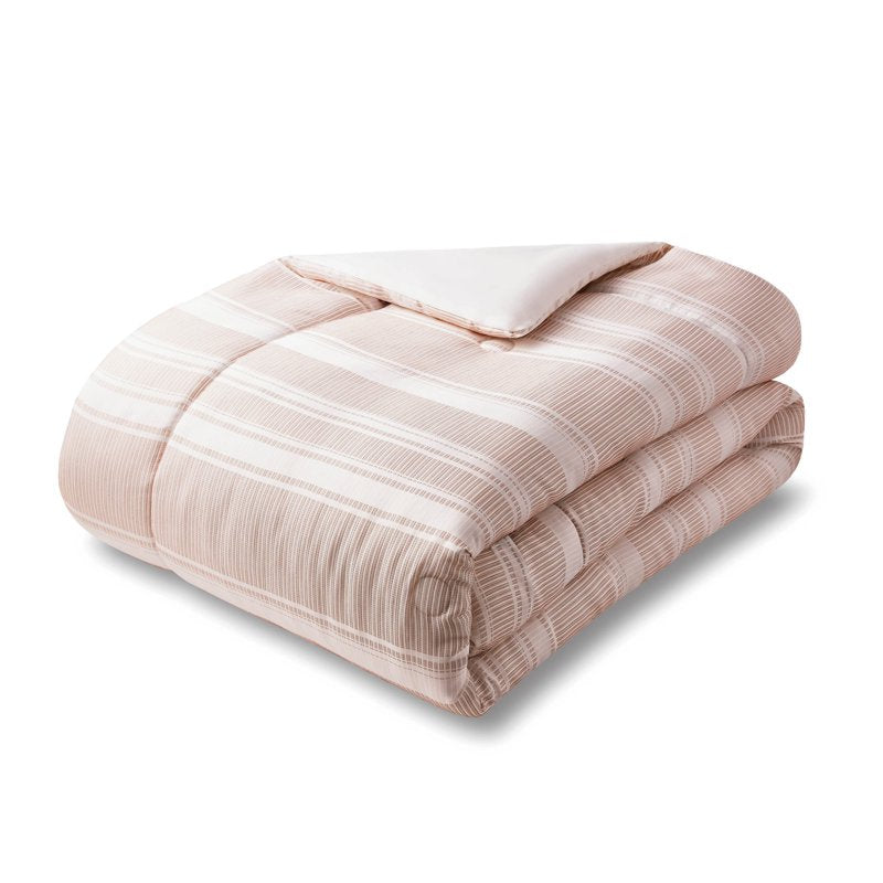 Full/Queen Jacquard Comforter Set - Reversible Block Stripe Bedding - Pinkish Tan & White, Striped-Rust Variation