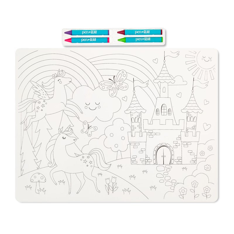 Washable Fairytale Coloring Placemat Kit with 4 Crayons - Black & White