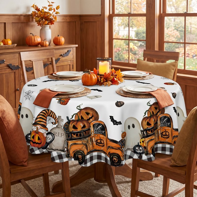 60-Inch Round Halloween Tablecloth Ghost Pumpkin Bat Buffalo Plaid Wrinkle-Resistant & Machine Washable