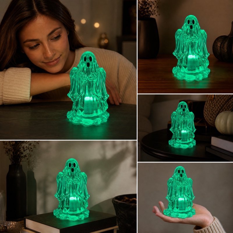 Halloween Green Ghost LED Lamp - Transparent Resin Table Decor - Variation #310White