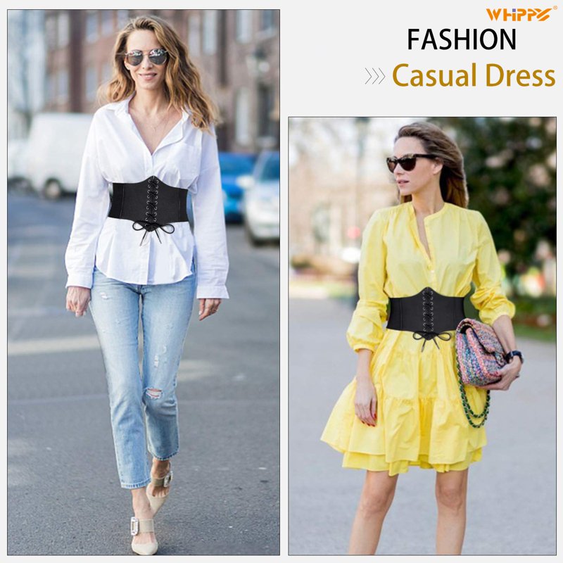 Women Lace-up Corset Waist Belt - Elastic Wide Belt for Dresses - Black, Fit 26-30"