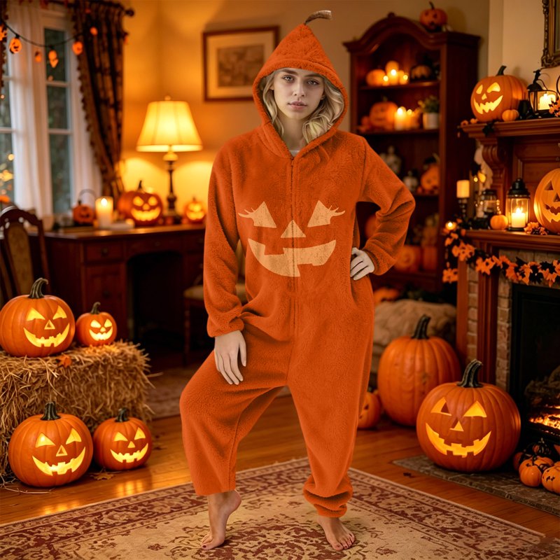 Unisex Pumpkin Jumpsuit Halloween Costume for Men Women 3XL - Cozy Fleece Cosplay Romper