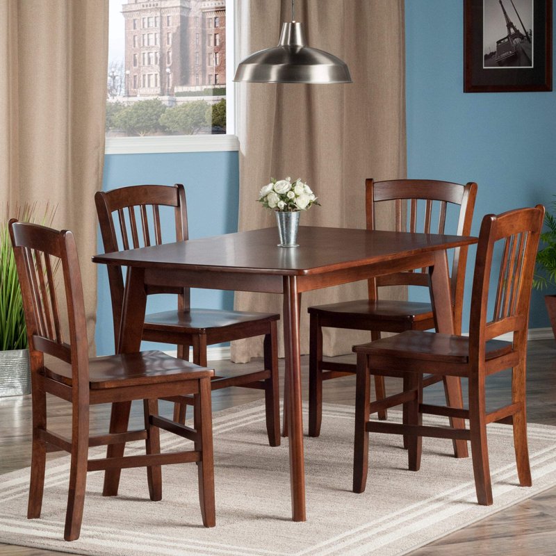 5-Piece Walnut Dining Table Set with Slat Back Chairs