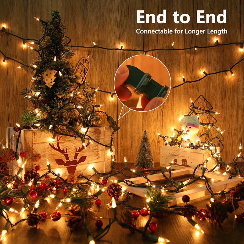 Toodour Warm White Christmas String Lights - 26.5ft 100 Incandescent Connectable Green Wire