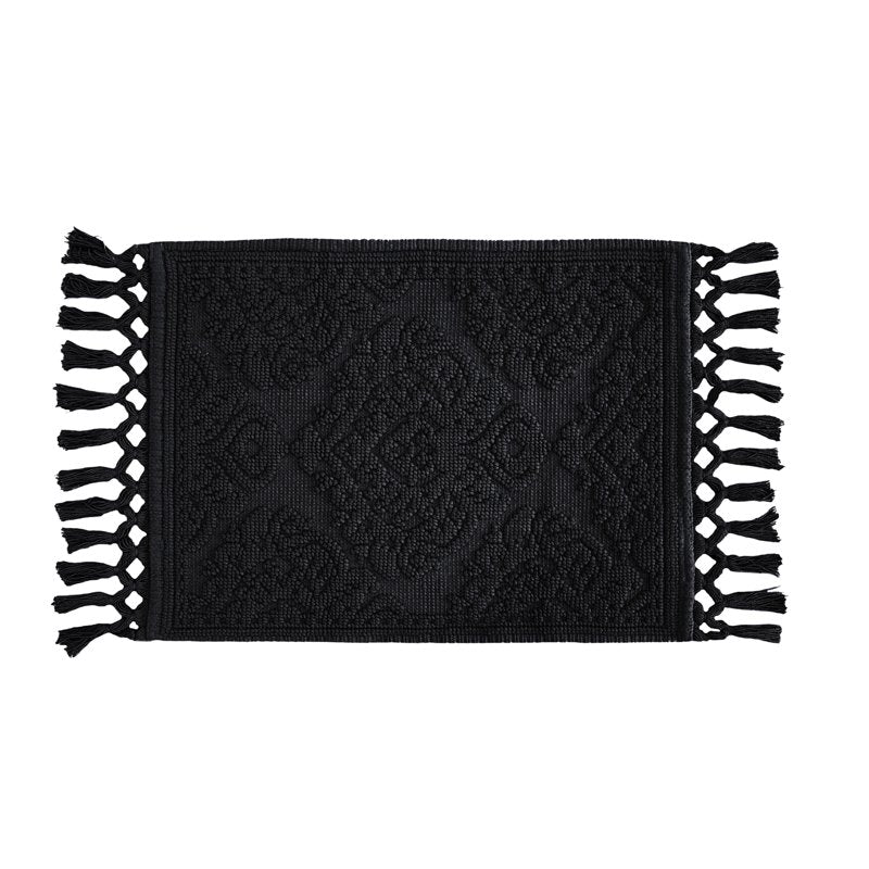 Cotton Fringe Bath Rug - Black, 21 x 34 in. Bohemian Style, Jean Pierre