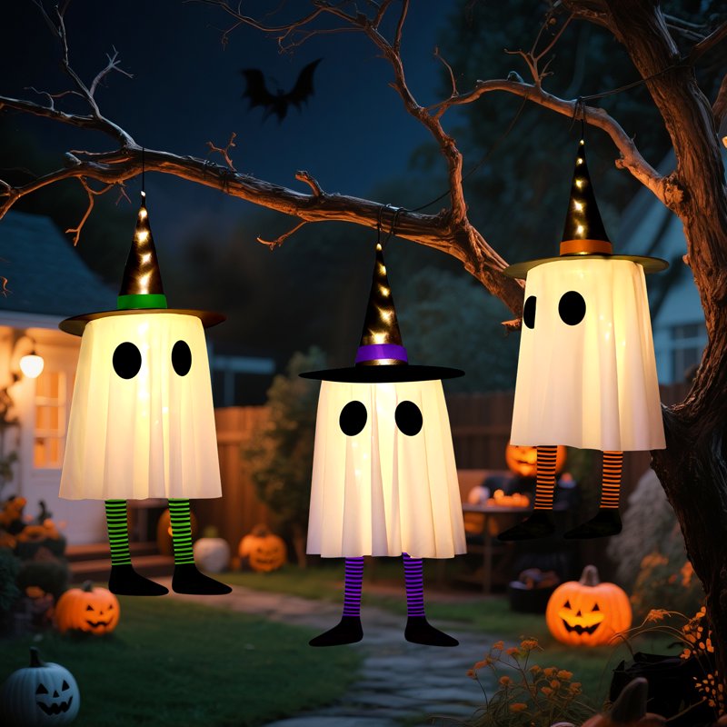 Halloween LED Hanging Lights 3-Pack Witch Ghosts - Purple, Green, Orange, Waterproof Battery Case, 3 Modes - 3pcs Witch Ghosts