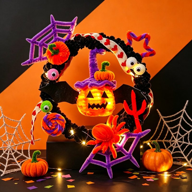 Halloween Wreath with Orange LED Pumpkin & Bats - Gothic Front Door Decor - Variation of Pumpkin & Bats